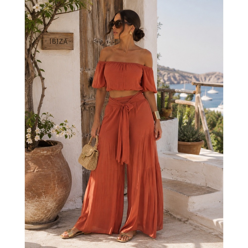 Fashion Nova Womens Rust Orange Crinkle 2 Piece Set Crop Top Wide Leg Pants M